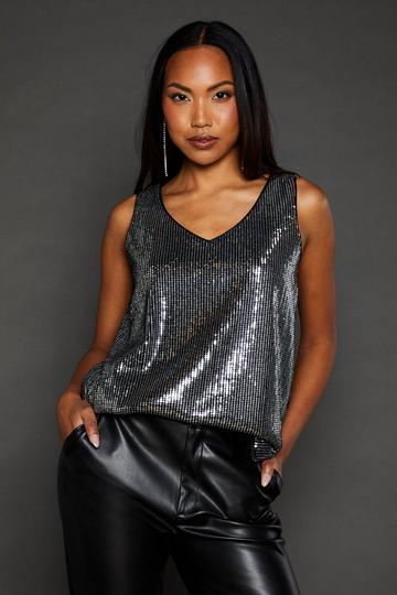 Silver V Neck Sequin Tops