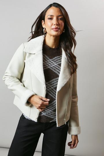 Pu Biker Jacket With Faux Fur Collar cream