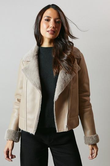 Pu Biker Jacket With Faux Fur Collar taupe