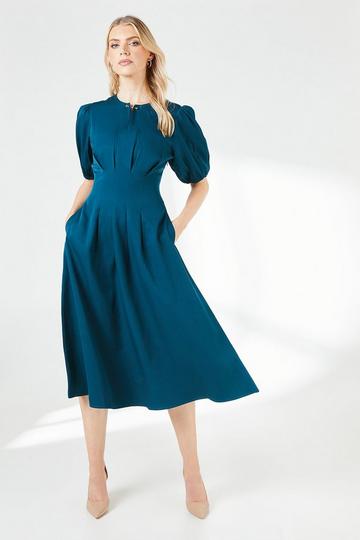 Pleat Detail Puff Sleeve Midi Dress teal