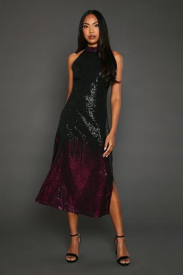 Pink Ombre Sequin Halterneck Midi Dress