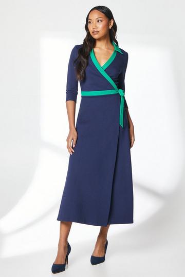 Navy Ponte Contrast Wrap Dress