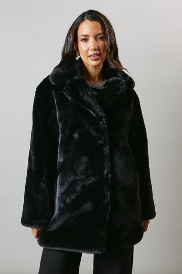 Black Faux Fur Plush Midi Coat