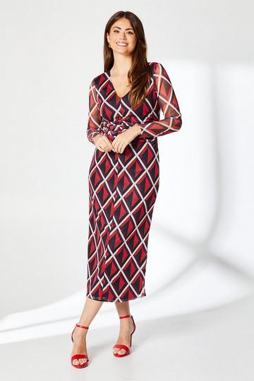 Red Printed Mesh Ruched Front Midi Dress