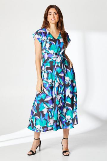 Blurred Floral Belted Midi Dress black