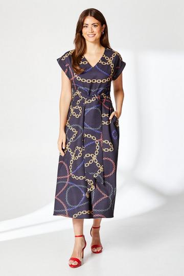 Chain Print Belted Midi Dress navy