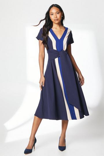 Blue Belt Tie Colourblock Midi Dress