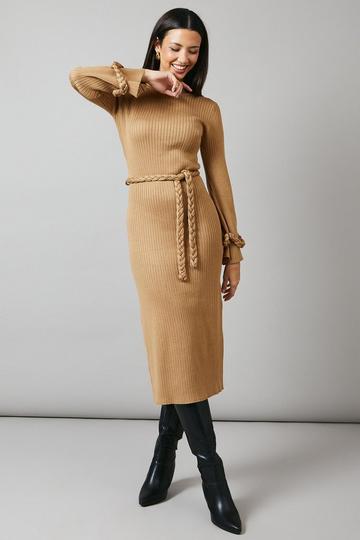 Plaited Ribbed Belted Midi Dress camel