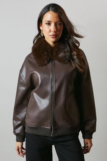 Fur Collar Faux Leather Bomber chocolate