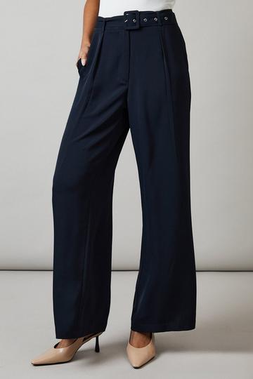 Navy Belted Wide Leg Trouser