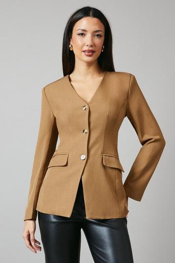 V Neck Collarless Blazer camel