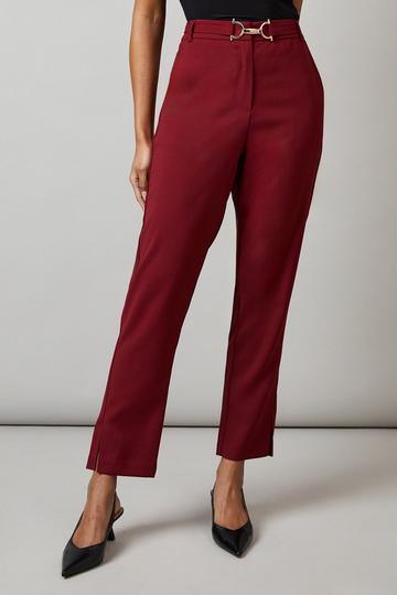 Burgundy Red Buckle Detail Side Split Tapered Trouser