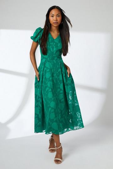 Floral Jacquard Puff Sleeve Midi Dress green