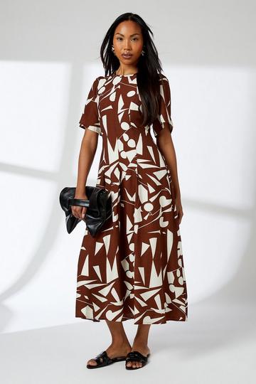 Abstract Print Seam Detail Midi Dress chocolate