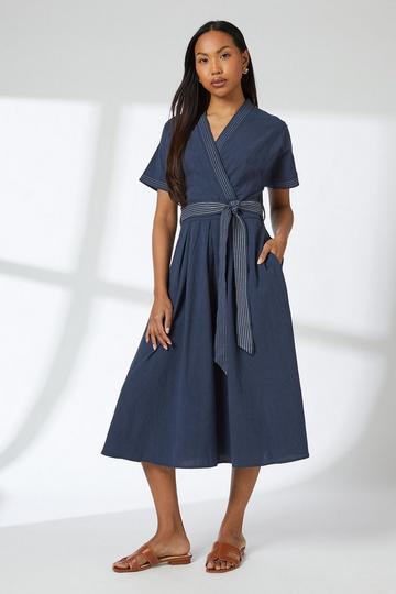 Navy Contrast Stitch Cotton Belted Midi Dress