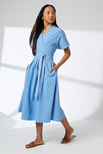 Blue Contrast Stitch Cotton Belted Midi Dress