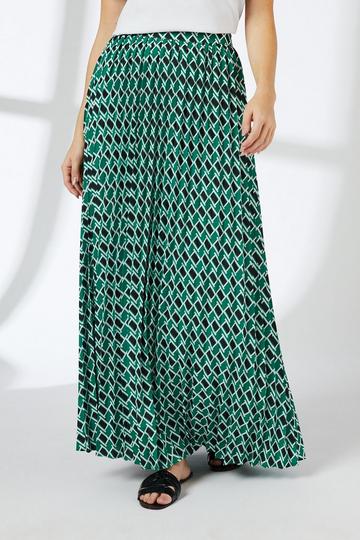 Geo Print Pleated Maxi Skirt green