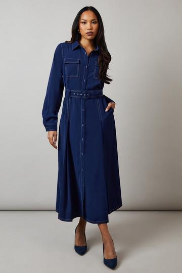 Contrast Stitch Belted Utility Dress navy