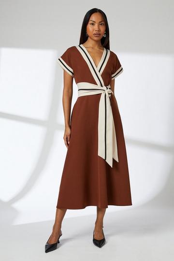 Piped Detail Tie Front Dress mocha