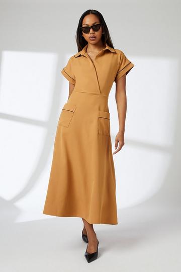 Piped Detail Tie Front Dress camel