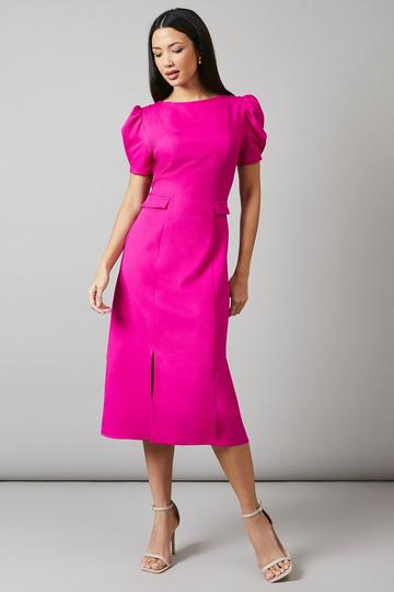 Puff Sleeve Column Midi Dress raspberry