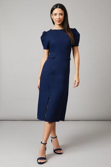 Puff Sleeve Column Midi Dress navy