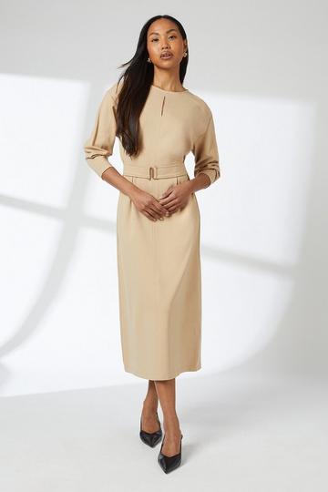 Keyhole Stitch Detail Ponte Midi Dress camel