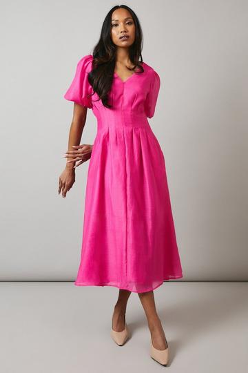 Pleat Detail Puff Sleeve Midi Dress cerise