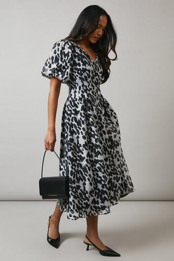 Animal Print Pleat Detail Puff Sleeve Midi Dress mono