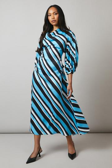 Blue Stripe Print Cowl Neck Hanky Hem Midi Dress