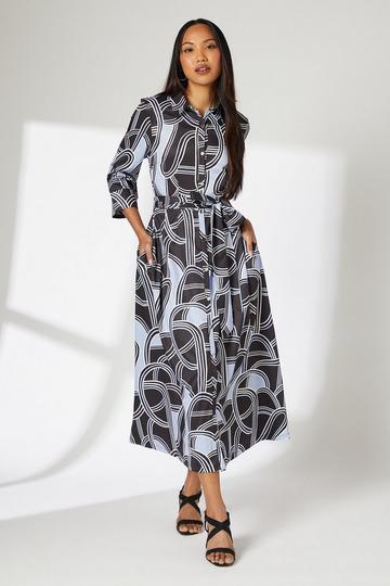 Blue Swirl Print Belted Shirt Dress