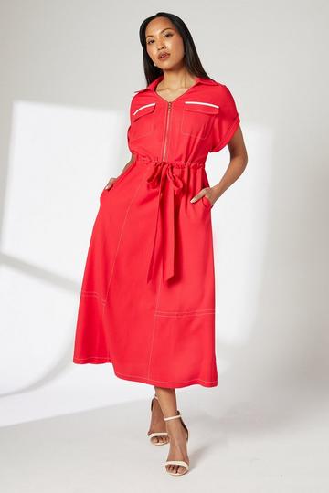 Red Pocket Detail Tie Waist Midi Dress