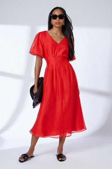 Pleat Detail Puff Sleeve Midi Dress red