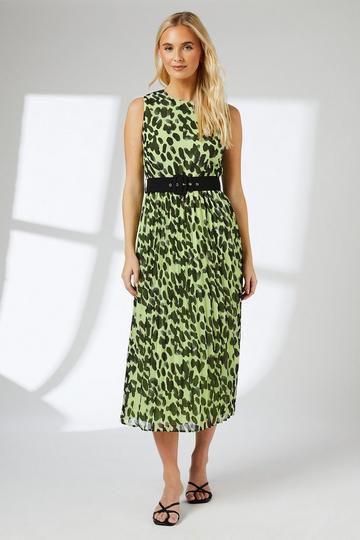 Animal Print Sleeveless Belted Pleated Midi Dress lime