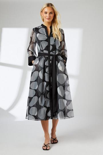 Belted Contrast Detail Collarless Shirt Dress mono