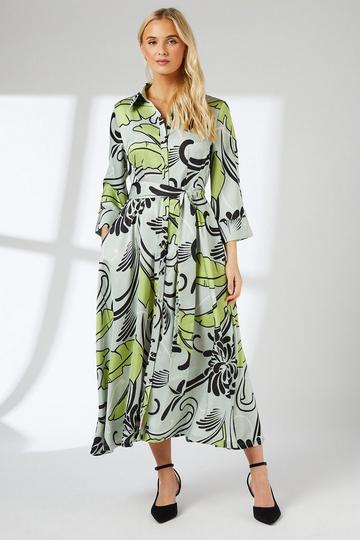 Leaf Print Belted Satin Shirt Dress pale green