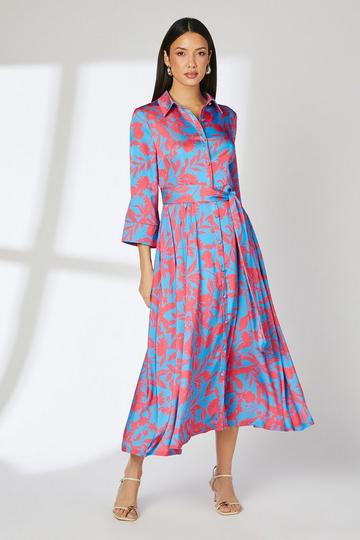 Blue Floral Print Belted Satin Shirt Dress