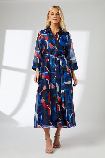 Belted Contrast Detail Collarless Shirt Dress navy