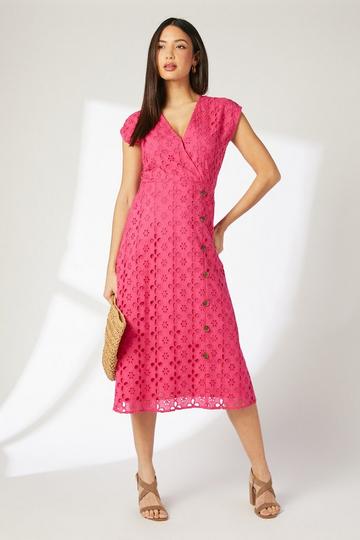 Pink Twist Front Broderie Midi Dress