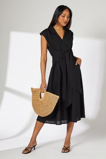 Linen Blend Belted Midi Dress black