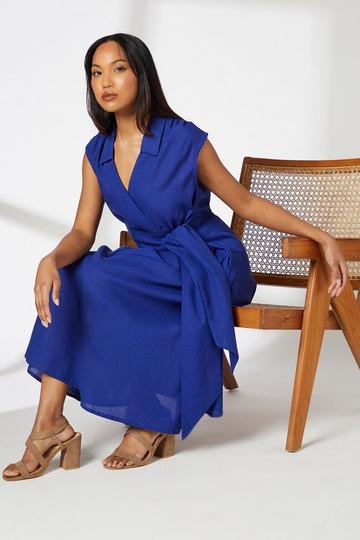 Linen Blend Belted Midi Dress cobalt