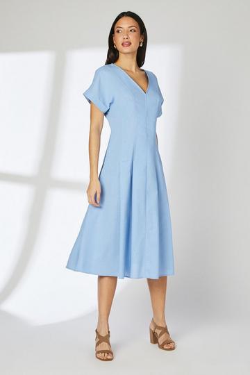 Linen Blend Pleat Detail Midi Dress light blue