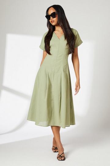 Linen Blend Belted Midi Dress olive