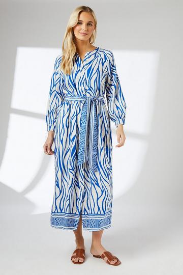 Blue Border Print Belted Midi Dress