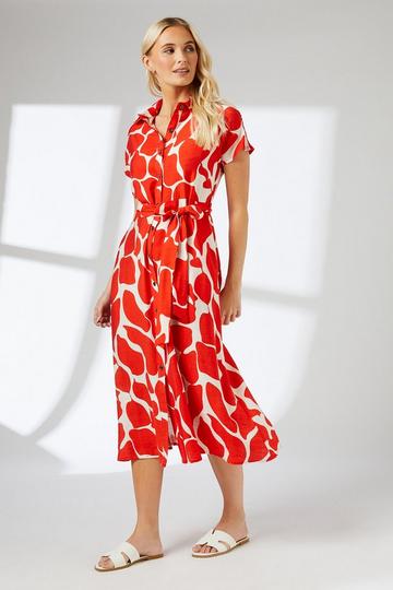 Red Abstract Print Button Through Shirt Dress