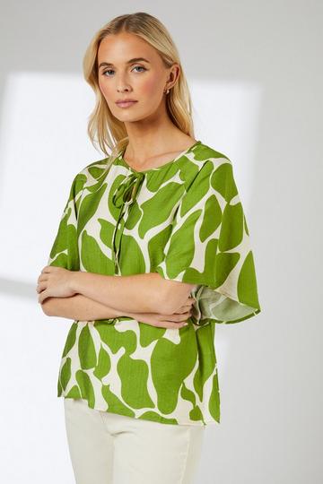 Abstract Print Tie Neck Top lime