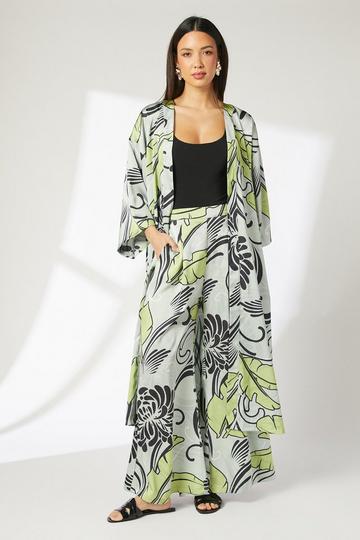 Green Leaf Print Satin Wide Leg Trousers