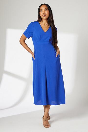 Blue Sleeve Detail Woven Midi Dress