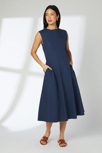 Seam Detail Cotton Poplin Midi Dress navy