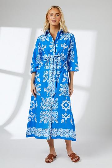 Tile Print Tie Front Midi Shirt Dress blue